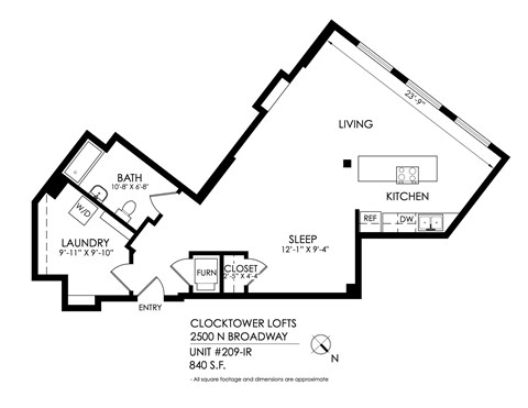 Floor plan for 1 bed, 1 bath, 670 sqft